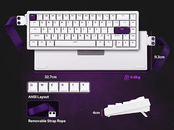 Compact white mechanical keyboard with purple accents. Features ANSI layout, removable strap rope, and adjustable tilt. Dimensions: 32.7cm wide, 11.3cm deep, 4cm height. Weighs 0.6kg.