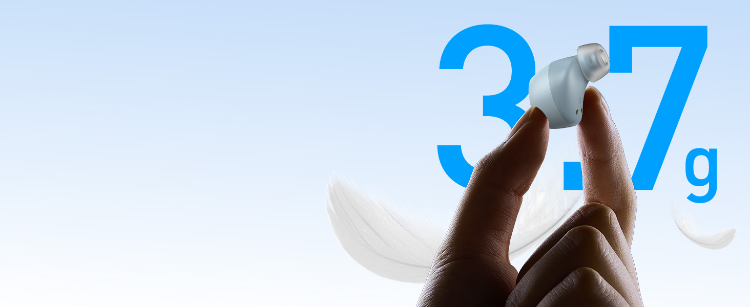 Ultra-lightweight 3.7g in-ear earbud design for comfortable everyday wireless listening