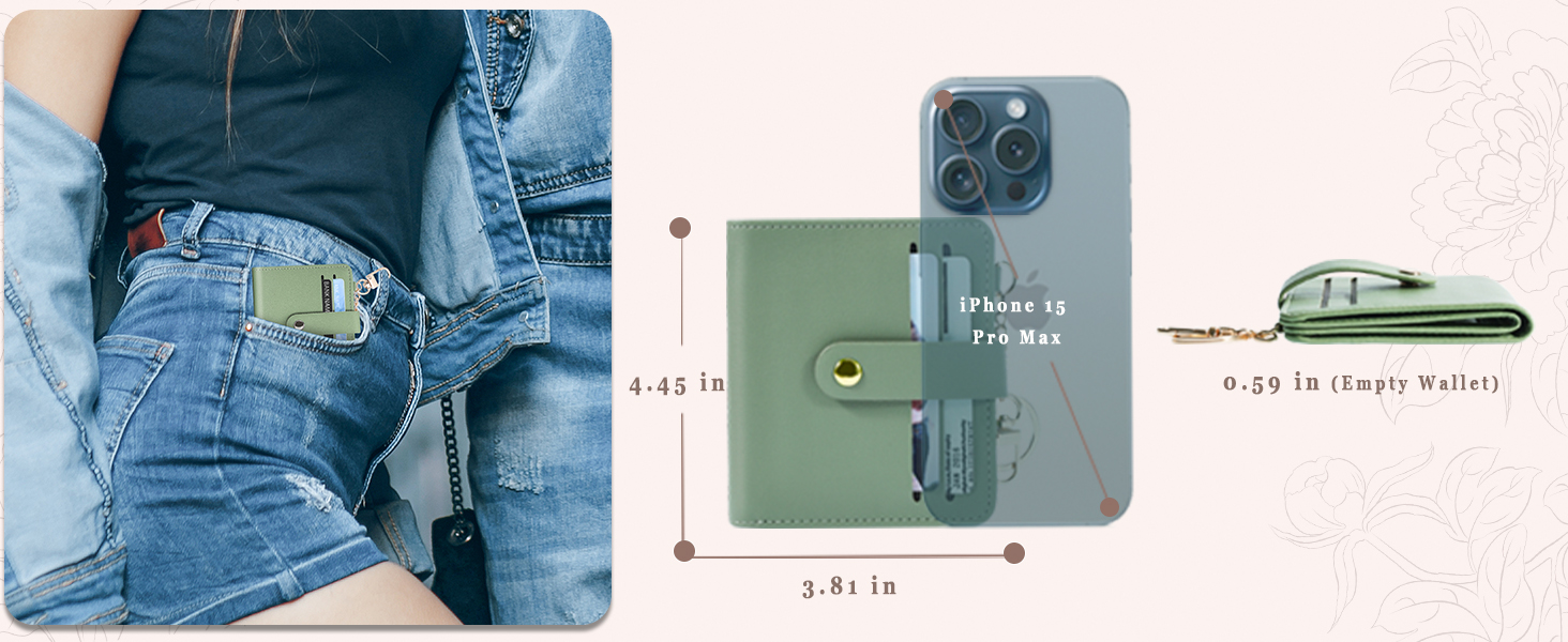 Slim wallet on jeans, 3.81x4.45 in, compared to iPhone 15 Pro Max, showcasing its slim and compact
