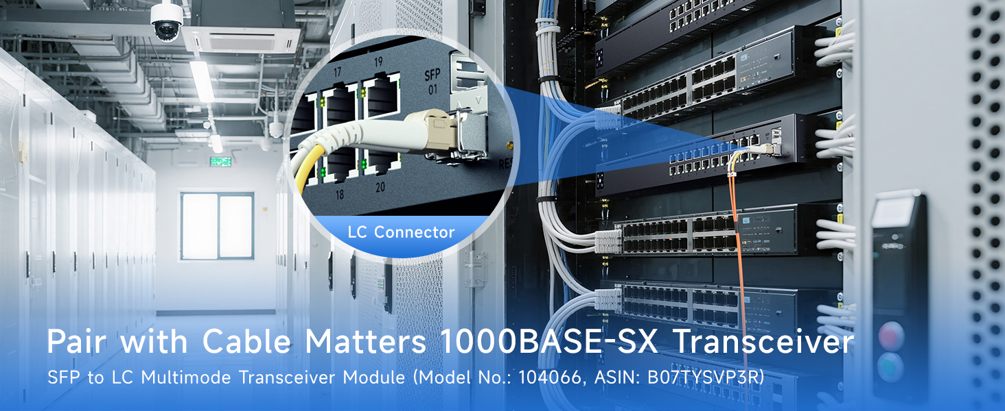 Duplex LC to LC multimode fiber patch cable compatible with SFP+ transceivers