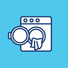 Illustration of an open front load washing machine with laundry hanging out the front