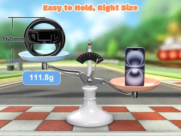 Gaming accessory comparison: steering wheel controller (160mm, 111.8g) on left, smartphone on right, balanced on scale. Text reads 'Easy to Hold, Right size'.