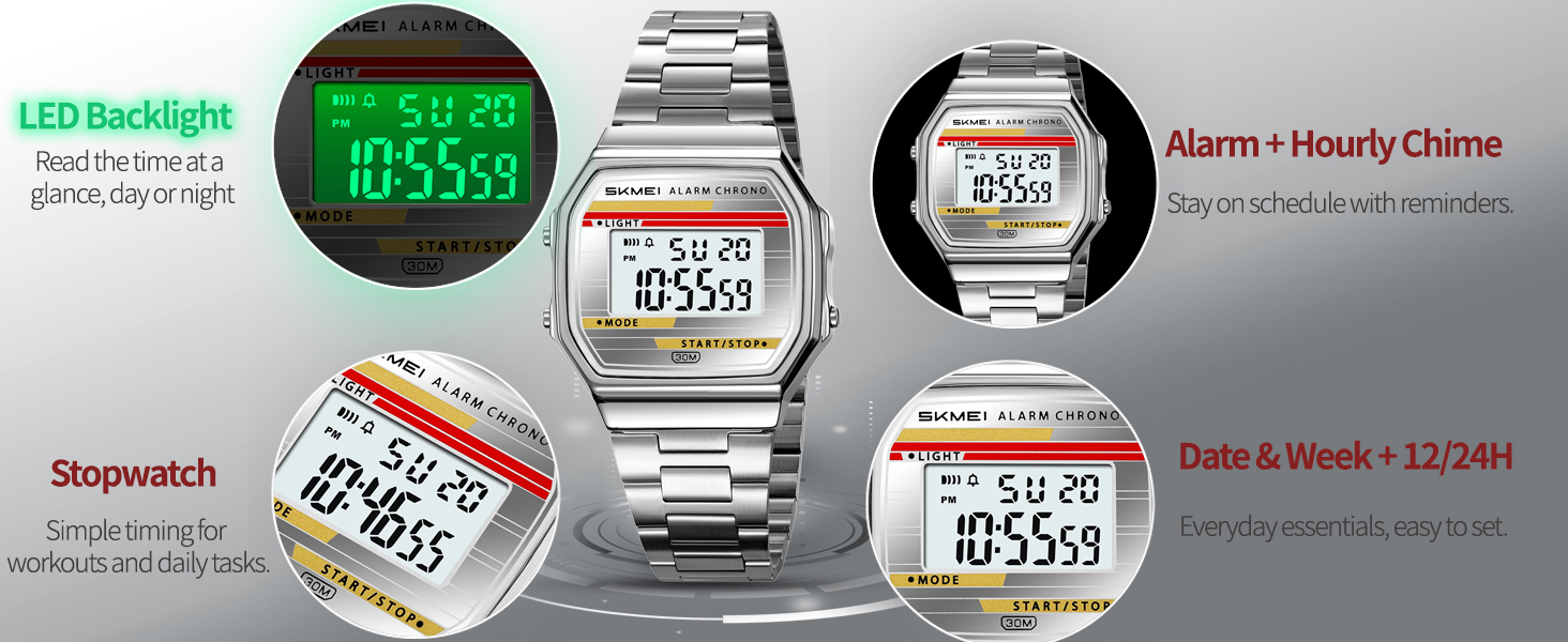 Square digital features LED backlight alarm hourly chime stopwatch date and week 12/24 hour format