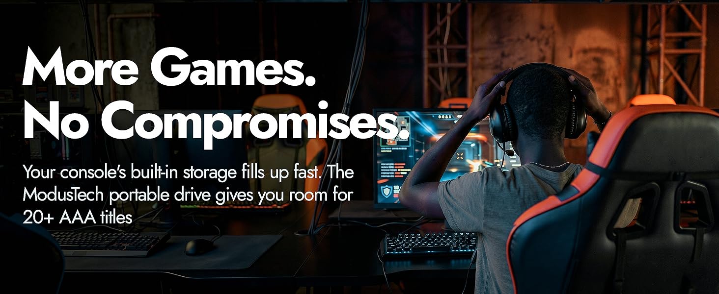 Gamer at desk wearing headphones playing console game with ModusTech Facet drive for game storage