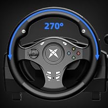 Gaming steering wheel controller with 270-degree rotation indicator, featuring multiple buttons and a black textured grip design.