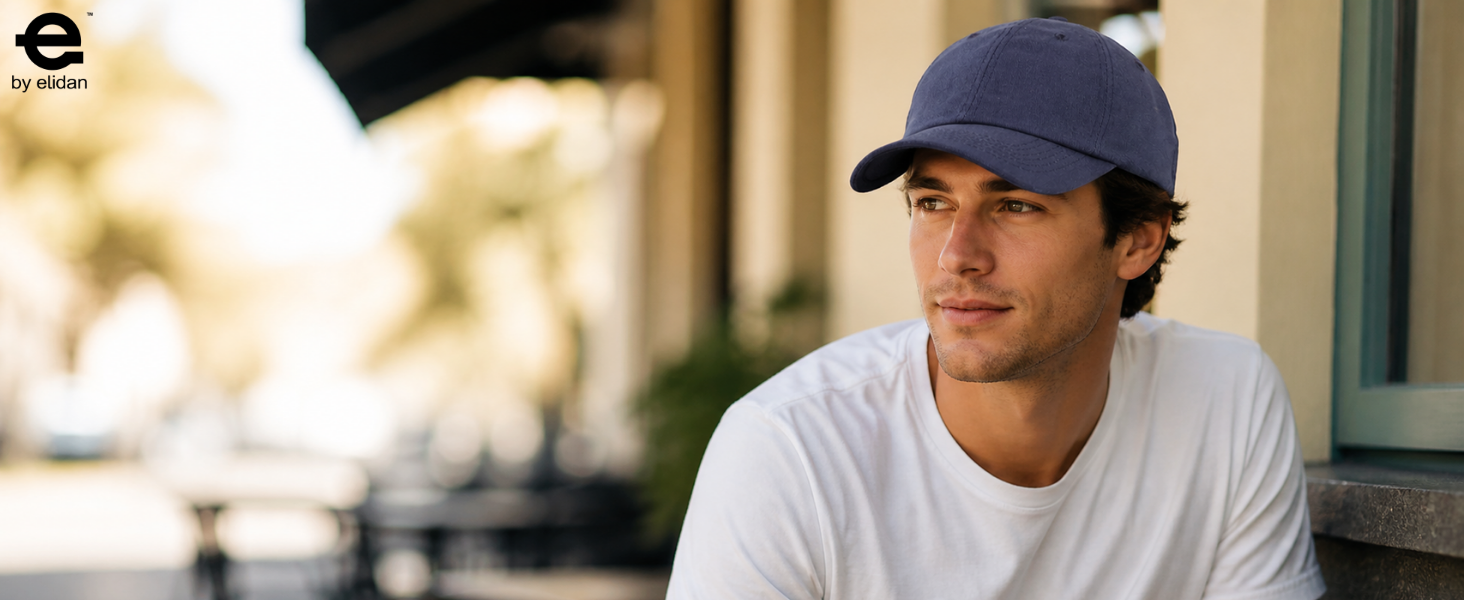 young men wearing a plain blank washed Navy unstructured dad hat at a modern coffee shop