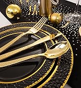 FLOWERCAT 175PCS Black Plastic Plates with Gold Rim & Black and Gold Plates & Gold Plastic Silver...