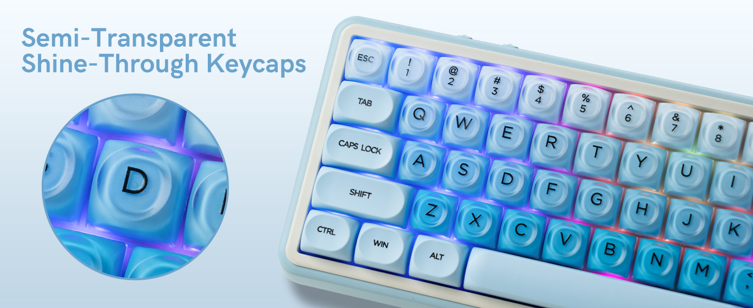 a keyboard with semi-transparent shine-through keycaps, featuring a blue color scheme