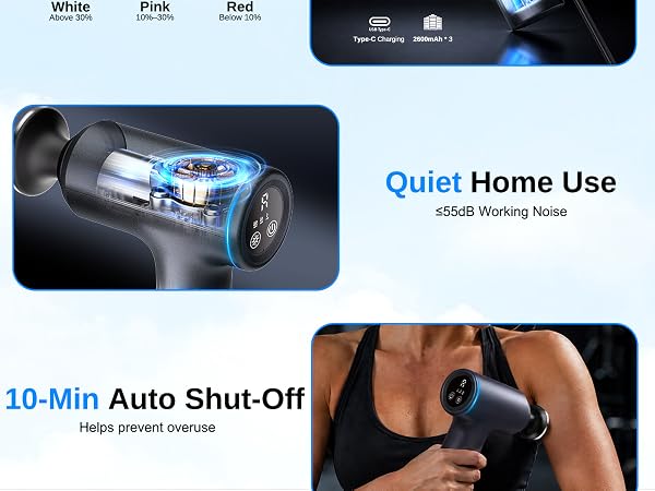 Muscle massage gun with 3 heat levels and pressure-adaptive A Mode for knots, soreness and recovery