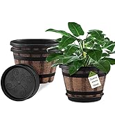 Plant Pots Set of 3 Pack 10 inch,Whiskey Barrel Planters with Drainage Holes & Saucer.Plastic Dec...