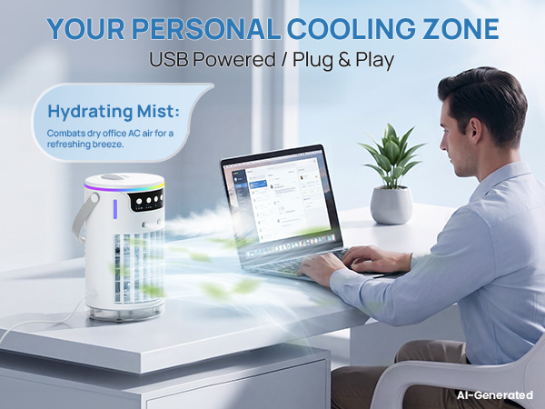Quiet plug-and-play USB portable air conditioner brings misting cooling to your office desk