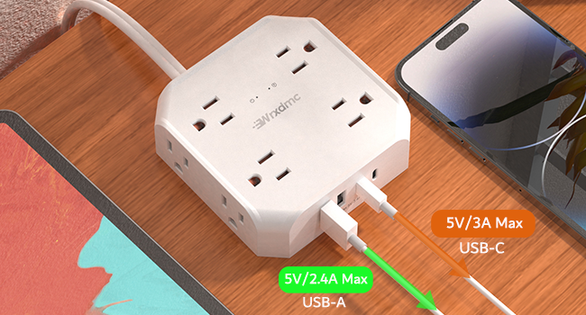 2 prong to 3 prong adapter with 2 usb a ports and 2 usb c ports