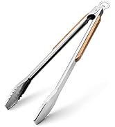 Wood-Handled Grill Tongs, 19.5"/50cm Extra Long BBQ Tongs, Heavy Duty Premium Stainless Steel Met...