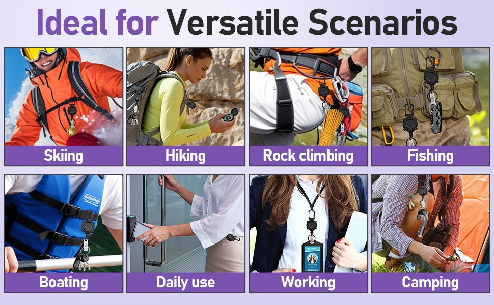 Text reads 'Ideal for Versatile Scenarios' with activity labels: 'Skiing, Hiking, Rock Climbing, Fishing.' Grid of outdoor activity photos showing product usage in different environments.