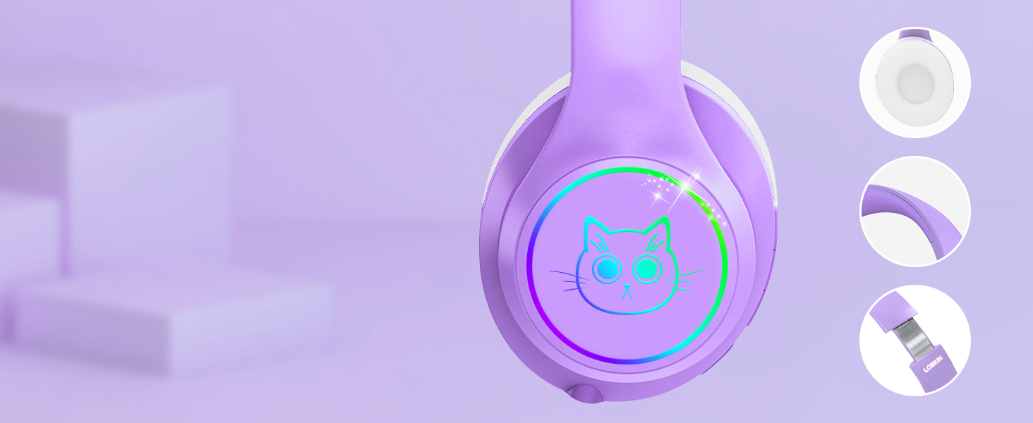 Purple wireless headphones with cat-shaped icon on ear cup. Three small circular icons in white show additional features or controls.