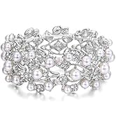 EVER FAITH Crystal Cream Simulated Pearl 1920's Style Leaf Wedding Prom Stretch Bracelet for Women