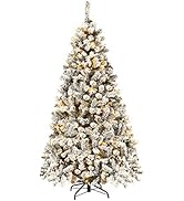 Goplus 6ft Pre-Lit Artificial Christmas Tree, Premium PVC Snow Flocked Hinged Pine Tree with Meta...
