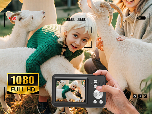 Text indicates '1080 FULL HD'. Multiple panel display showing video recording interface with timestamp and HD quality indicators.