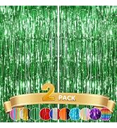 2 Pack Green Metallic Tinsel Foil Fringe Curtains, Door Streamers Photo Booth Backdrop for Birthd...