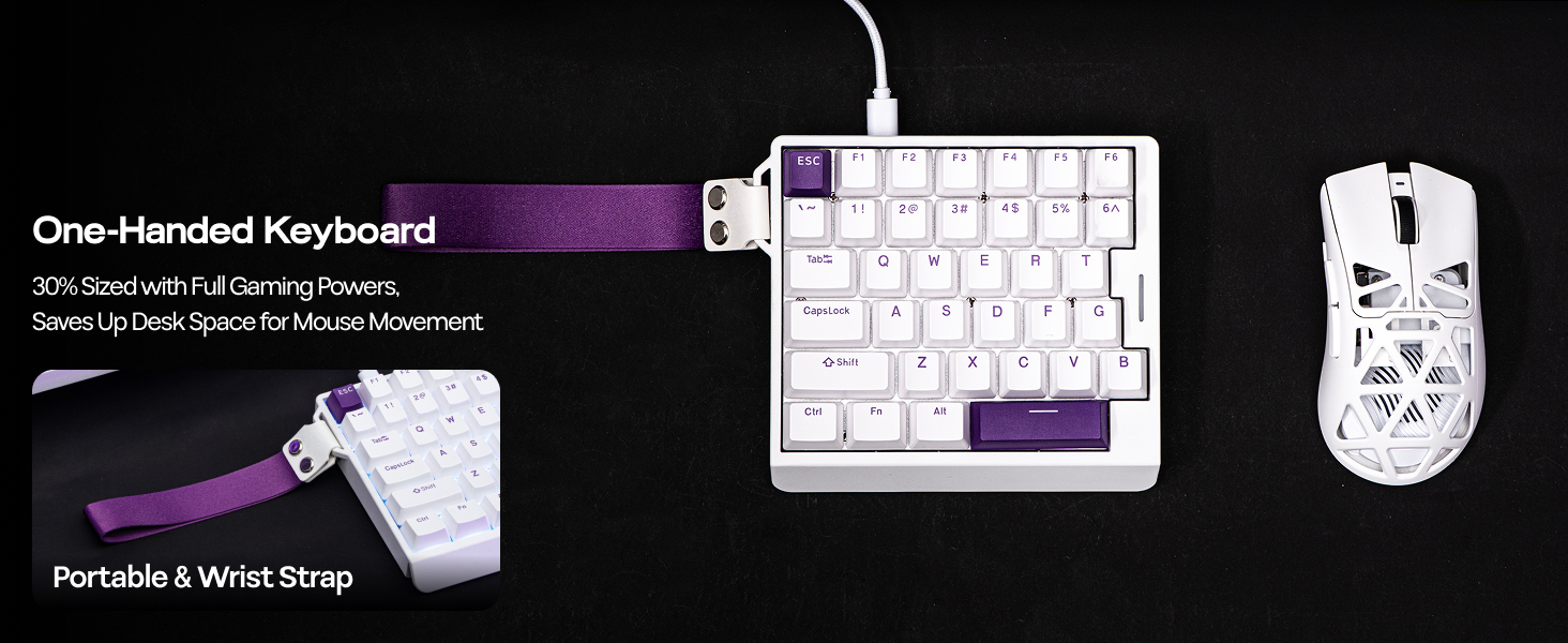 Text reads 'One-Handed Keyboard'. Product demonstration of a compact keyboard with white keys, showing different angles and features including wrist strap.