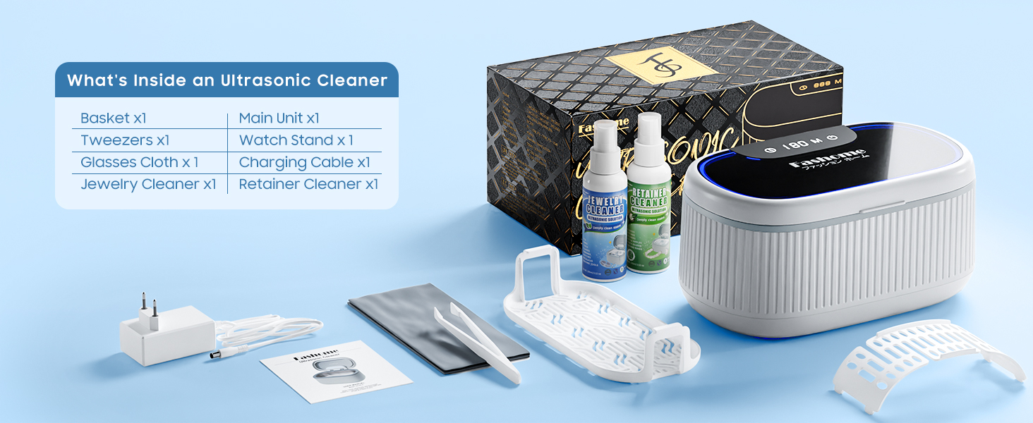 The ultrasonic jewelry cleaning machine set includes a variety of accessories
