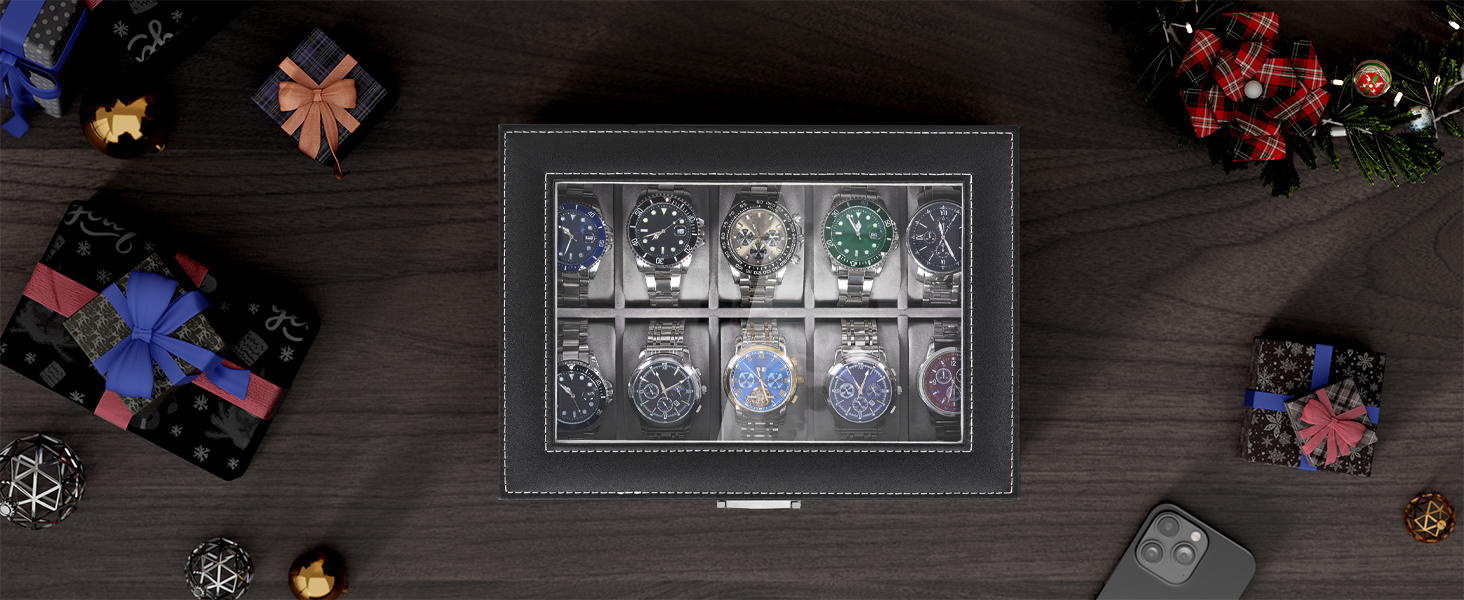 Watch Case, 20-Slot Watch Box for Men, 2-Layer Watch Display Case with Large Glass Lid
