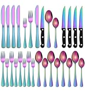 Rainbow 24 Pieces Stainless Steel Silverware Sets With Steak Knives Service For 4,Colorful Eating...
