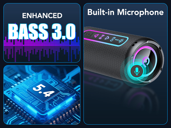 Text reads 'ENHANCED BASS 3.0' and 'Built-in Microphone'. Split panel showing speaker technology diagram and close-up of cylindrical speaker with blue LED light.