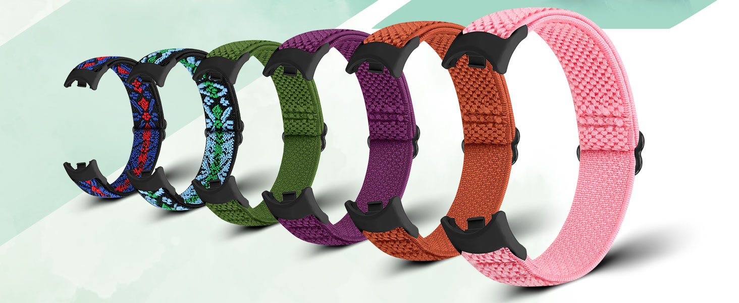 Colorful woven fabric watch bands or straps in various colors including blue, green, red, and pink. Arranged in a curved line display.
