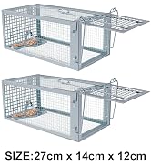 Text reads: 'SIZE:27cm x 14cm x 12cm'. Multiple views of a metal wire cage trap with spring-loaded door mechanism and grid pattern construction.