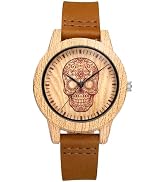 Avaner Men's Punk Leather Watches: Skull Imitation Wood Grain Analog Quartz Wrist Watches