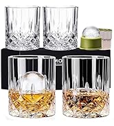 NORIMODA Whiskey Glasses Set of 4, 10oz Old Fashioned Bourbon Glasses with 4 Ice Ball Molds, Lead...