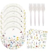48PCS Wildflower Plates and Napkins Party Supplies, Disposable Scalloped Paper Plates Cocktail Na...