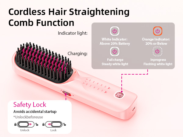 cordless hair straightening brush portable hair straightener women wireless travel gift Pink ionic