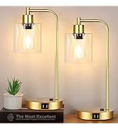 Industrial Touch Control Table Lamps Set of 2 - Gold Nightstand Bedside Lamps with 2 USB Ports & ...