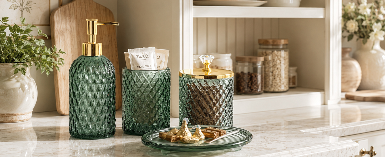 green glass bathroom set