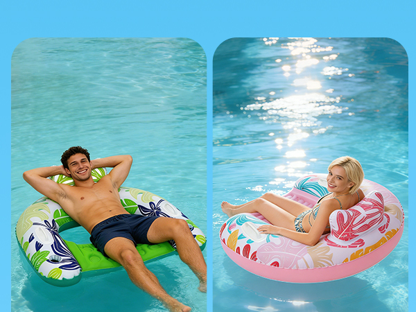 Vibrant & Colorful Pool Floats, equipped with ergonomic headrest and 2 cupholders and 2 handles
