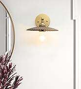 Industrial-style wall sconce with fluted metal shade and brass mounting plate, illuminated against white wall.