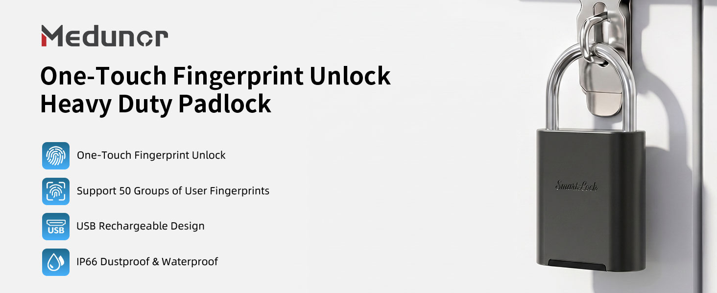 Medunor heavy duty fingerprint padlock with one-touch unlock, IP66 waterproof