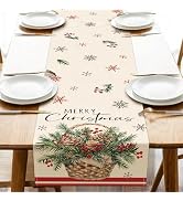 Croar Merry Christmas Pine Basket Dining Table Runner, Xmas Red Berries Snowflake Burlap Kitchen ...