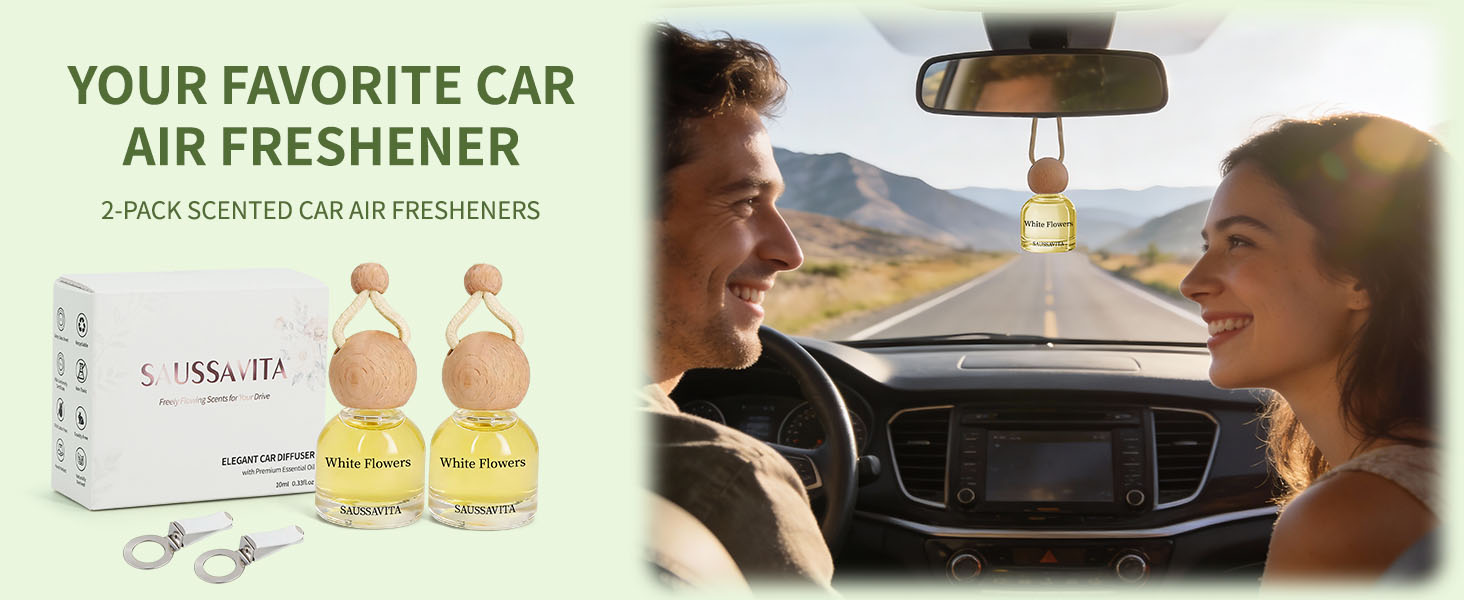 Text reads 'YOUR FAVORITE CAR AIR FRESHENER', '2 PACK SCENTED CAR AIR FRESHENER'. Product shots showing car air freshener bottles in vehicle settings.