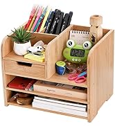 Frcctre Bamboo Desktop Organizer with Drawer, 3 Tier Wooden Desk File Document Organizer with Pen...