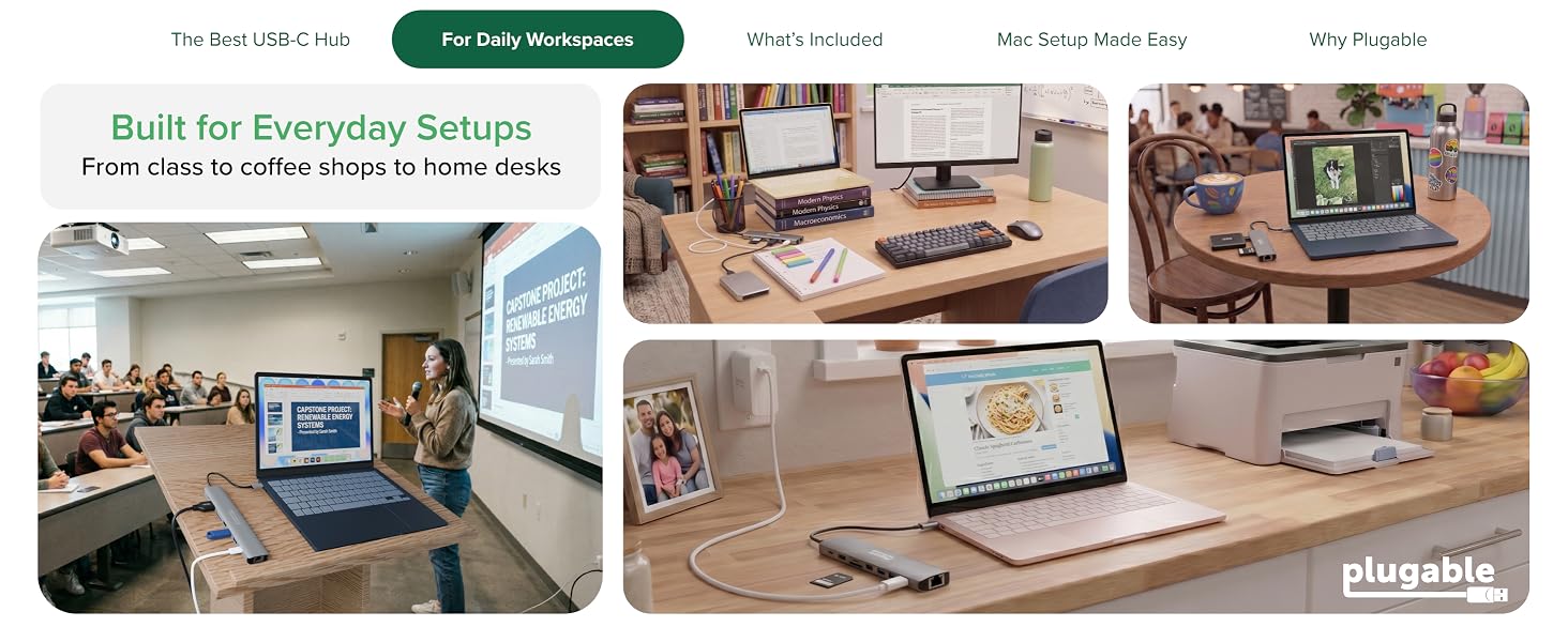 macbook usb c hub shown in class desk cafe and printer setups with laptops