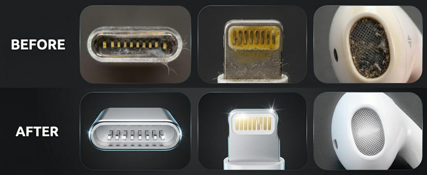 Before and after cleaning results for USB-C port, Lightning plug, and earbud mesh.