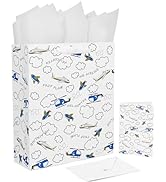 13" Large White Gift Bag Set with Greeting Card and Tissue Papers (Helicopter and Plane Design) o...