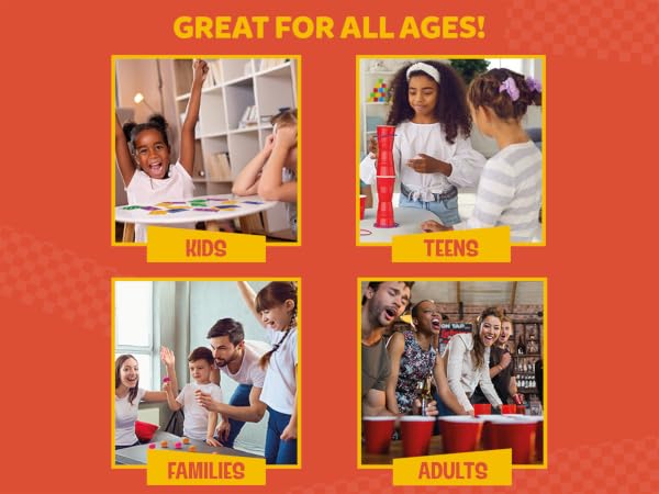 Promotional image with four panels showing different age groups enjoying an unspecified product or activity, labeled 'GREAT FOR ALL AGES!' with categories for kids, teens, families, and adults.