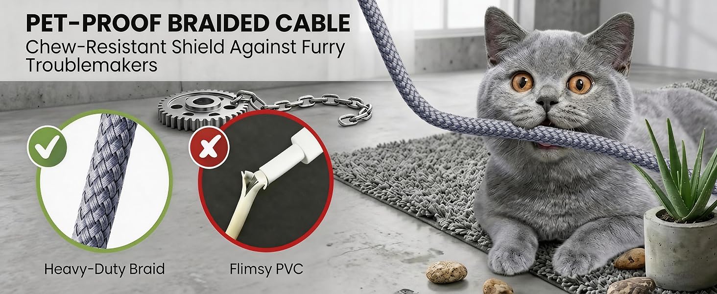 Pet proof chew resistant braided micro usb cable surviving cat bites better than PVC cords