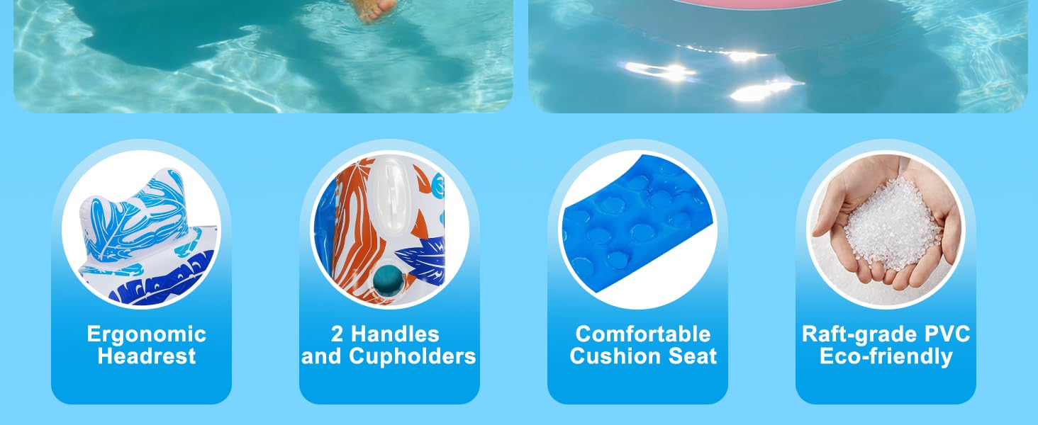Vibrant & Colorful Pool Floats, equipped with ergonomic headrest and 2 cupholders and 2 handles
