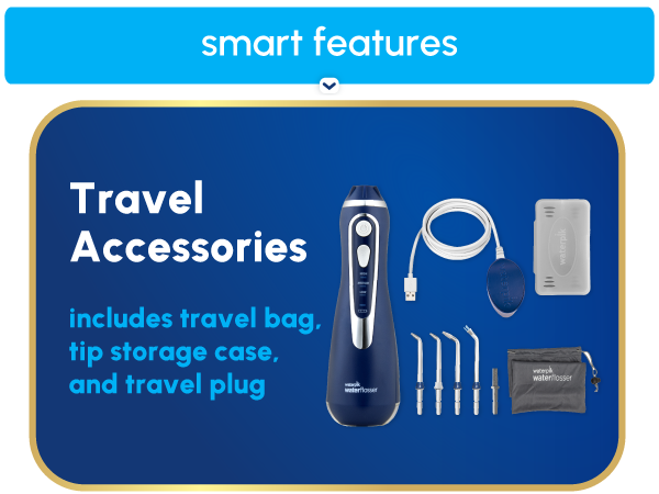 Image of water flosser travel accessories with text reading includes travel bag and tip storage case
