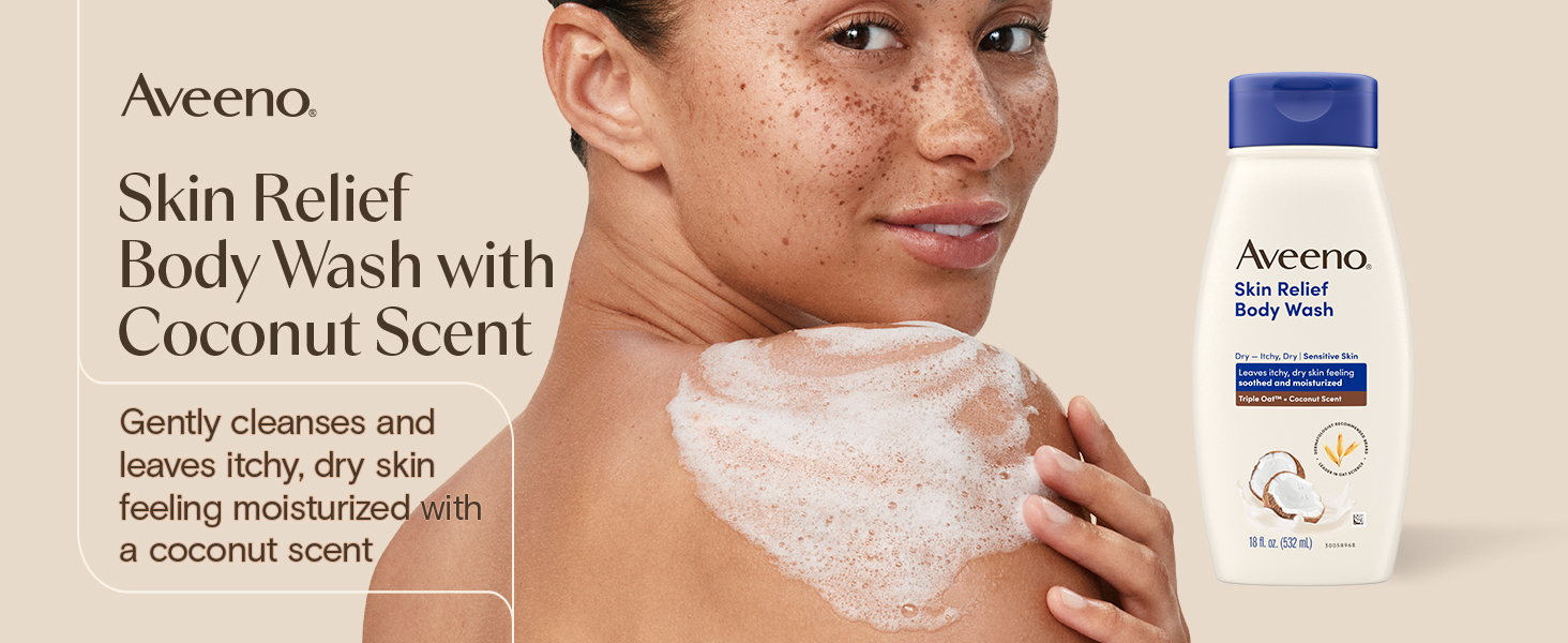 Skin relief body wash with coconut scent, gently cleanses, leaves itchy skin moisturized